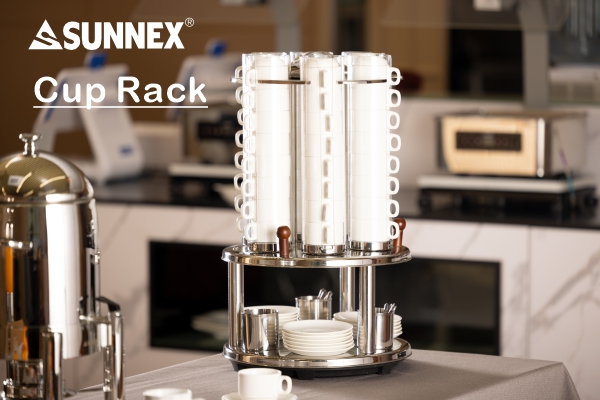 SUNNEX REVOLVING CUPS DISPENSER， BASIS AV ROSTFRI STÅL OCH TRE SKEDER MUGGAR INGÅR ， PC-KUPSRÖR